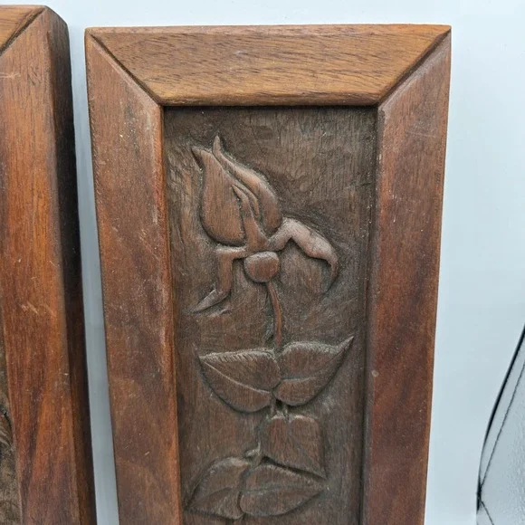 2 Antique Vtg Handcarved Wooden Panel Upcycled Plant Flower Wall Hangings